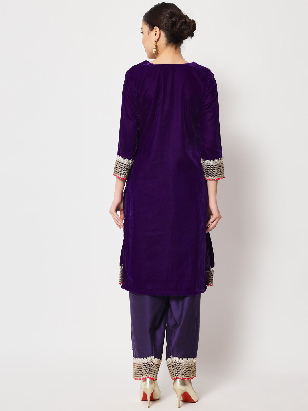 Women's Purple Velvet Short Kurti With Silk Salwar - Anokherang