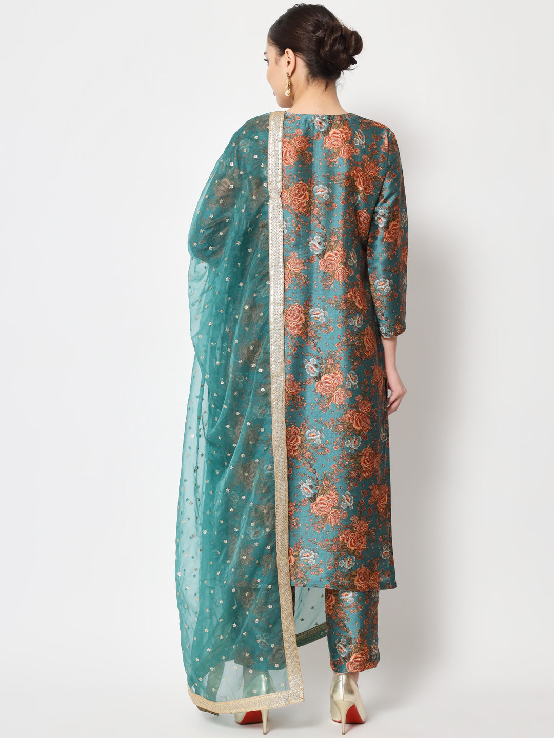 Women's Green Rust Floral Printed Silk Kurti With Pants And Organza Sequin Dupatta - Anokherang