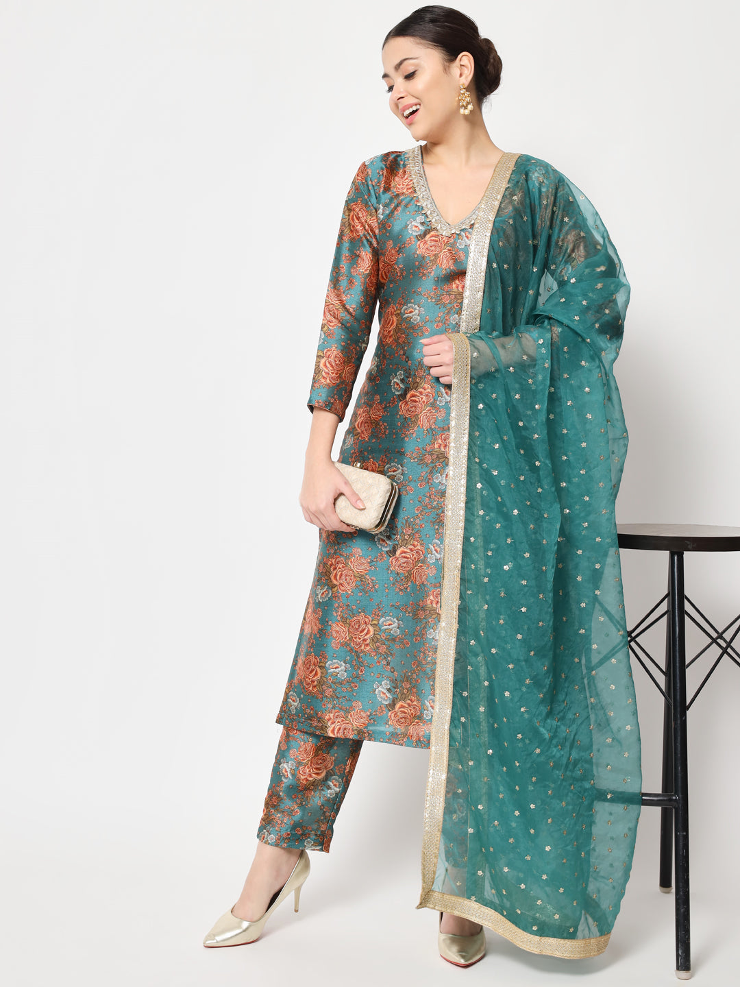 Women's Green Rust Floral Printed Silk Kurti With Pants And Organza Sequin Dupatta