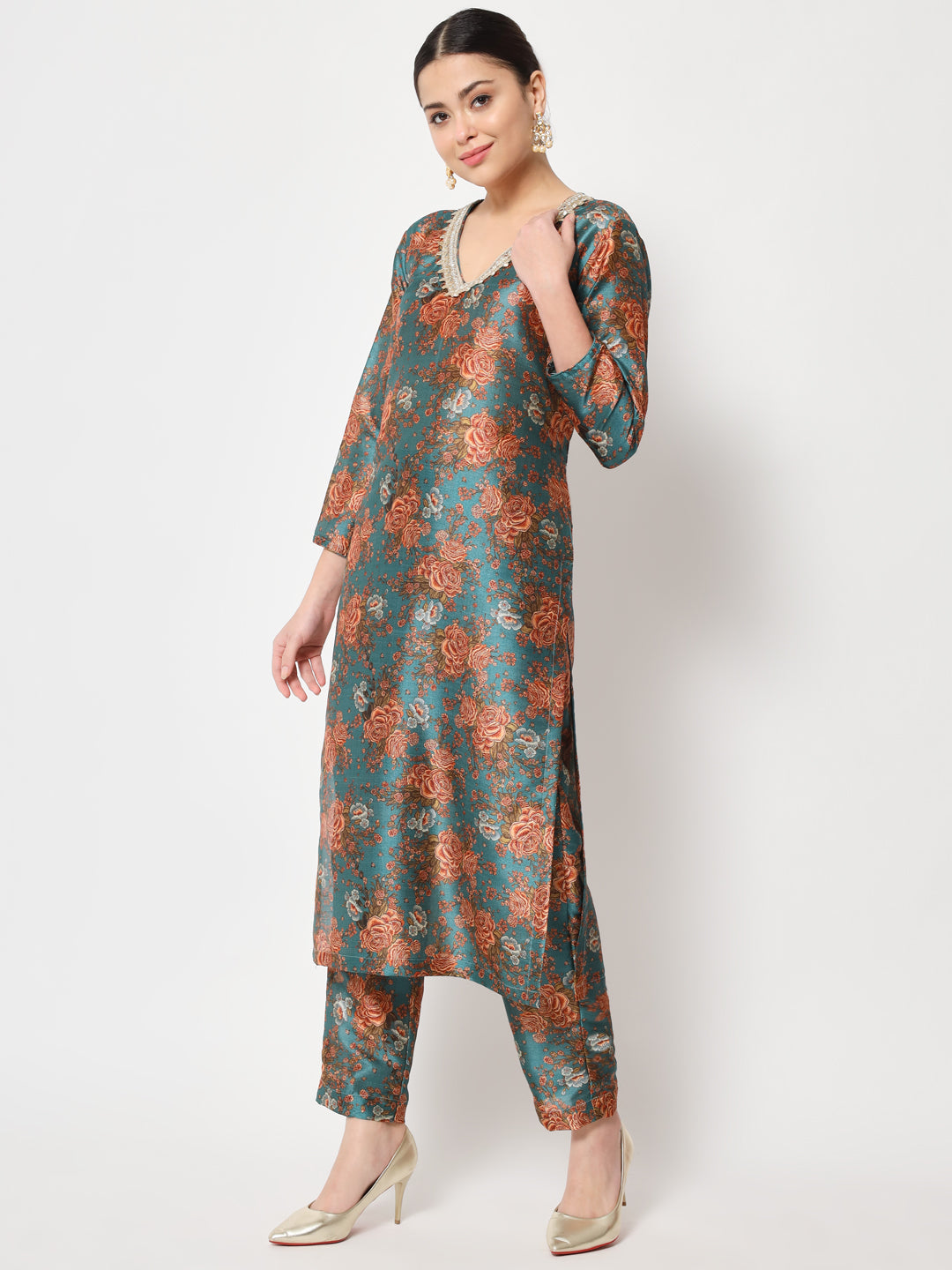 Women's Green Rust Floral Printed Silk Kurti With Pants