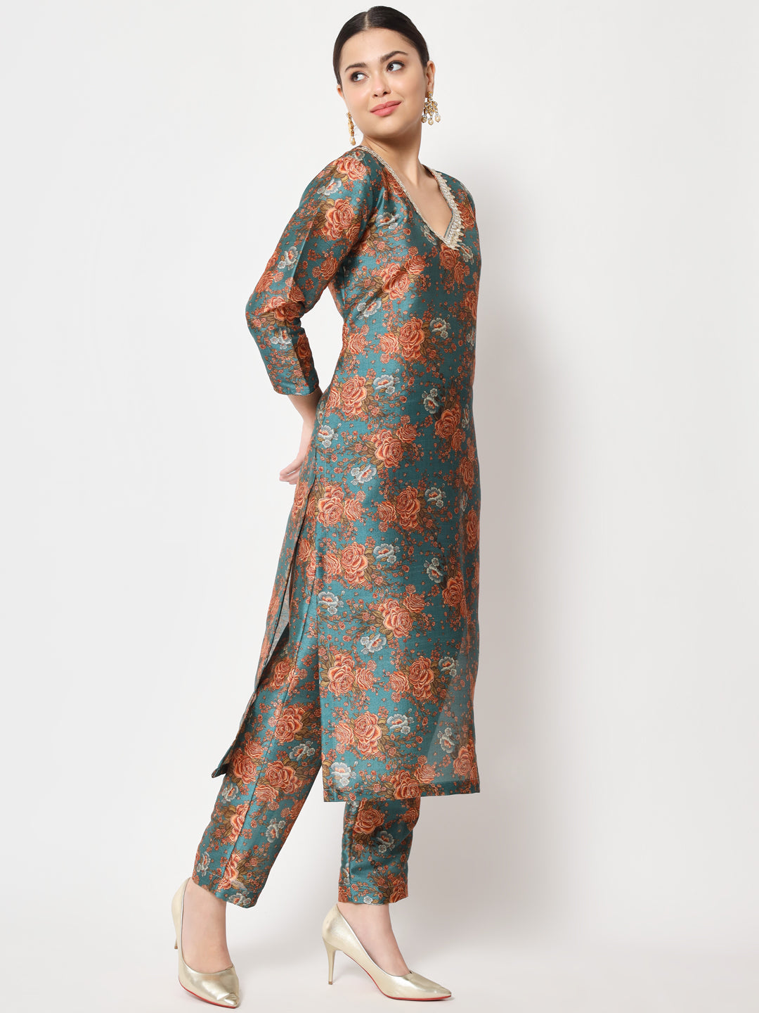 Women's Green Rust Floral Printed Silk Kurti With Pants And Organza Sequin Dupatta - Anokherang