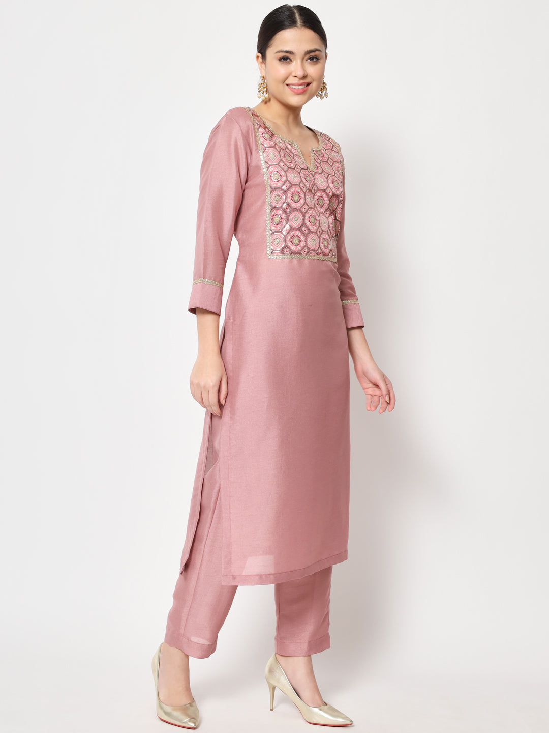 Women's Simple Mauve Sequin Embroidered Kurti With Straight Pants - Anokherang