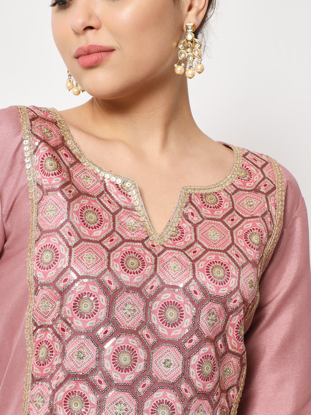 Women's Simple Mauve Sequin Embroidered Kurti With Straight Pants And Dupatta - Anokherang