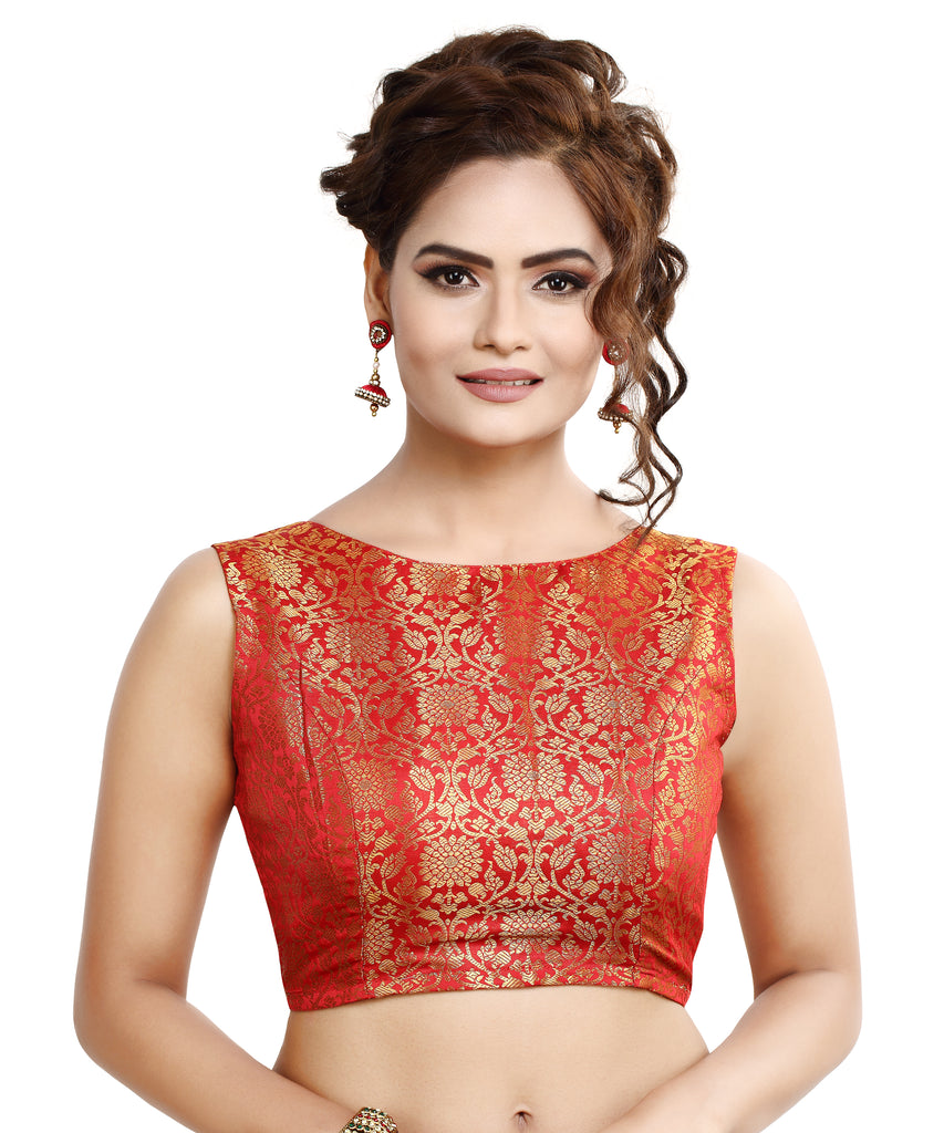 Women'S Traditional Rich Banaras Brocade Sleeveless Readymade Saree Blouse