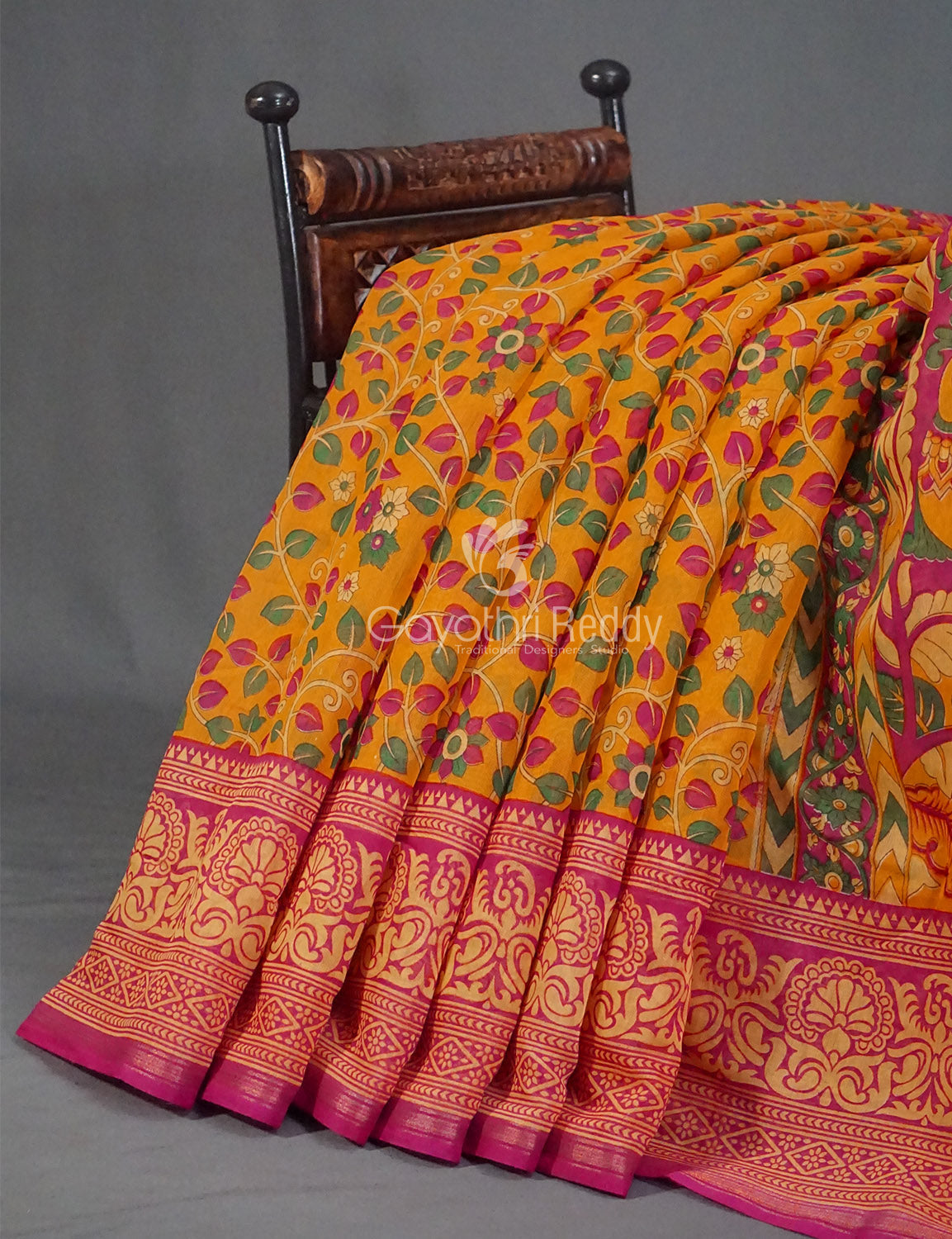 Women's Yellow And Pink Semi Chanderi Saree - Gayathri Sarees