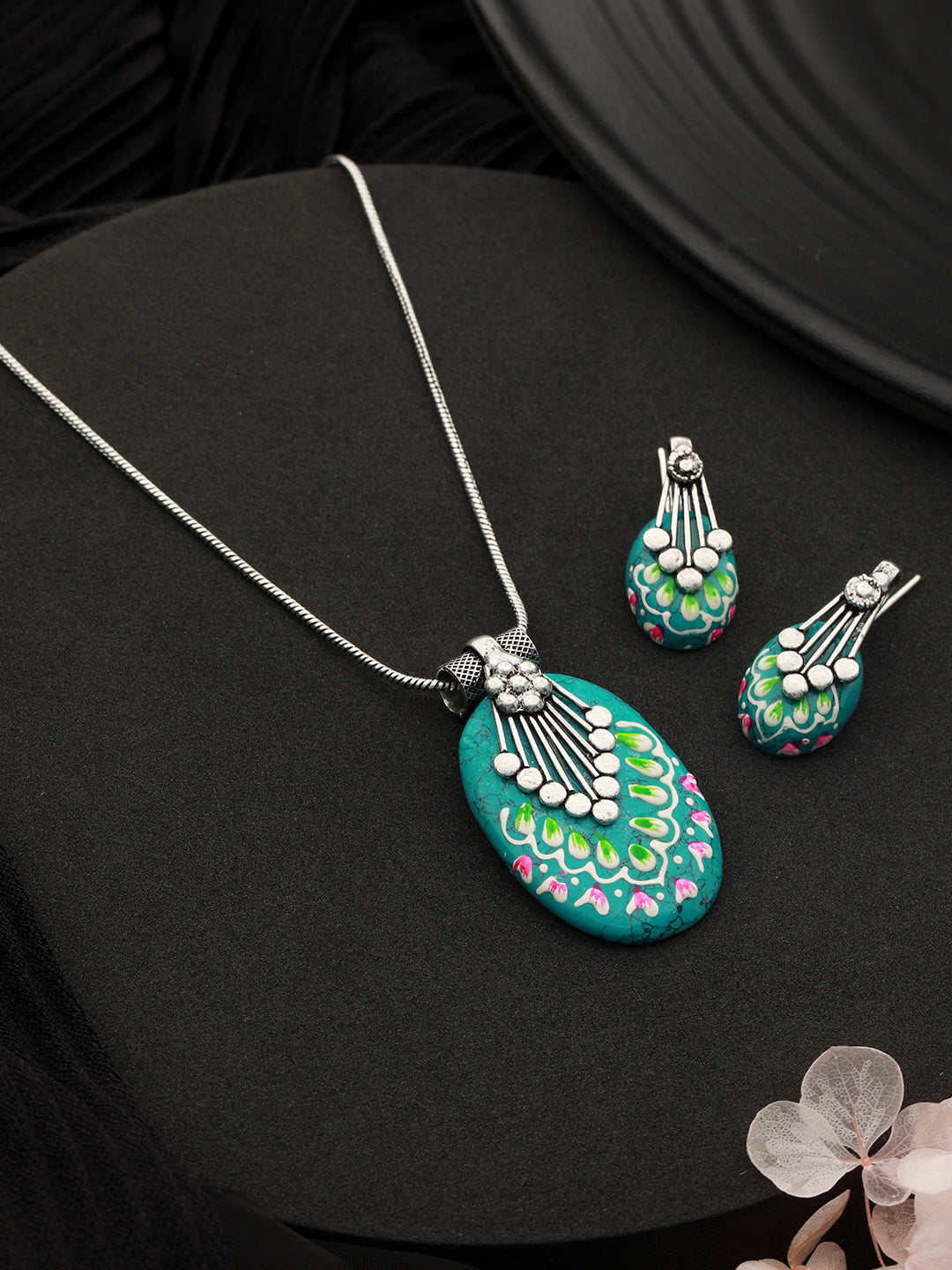 Women's Oxidised Studded Statement Earrings Locket Jewellery Set - Saraf Rs Jewellery