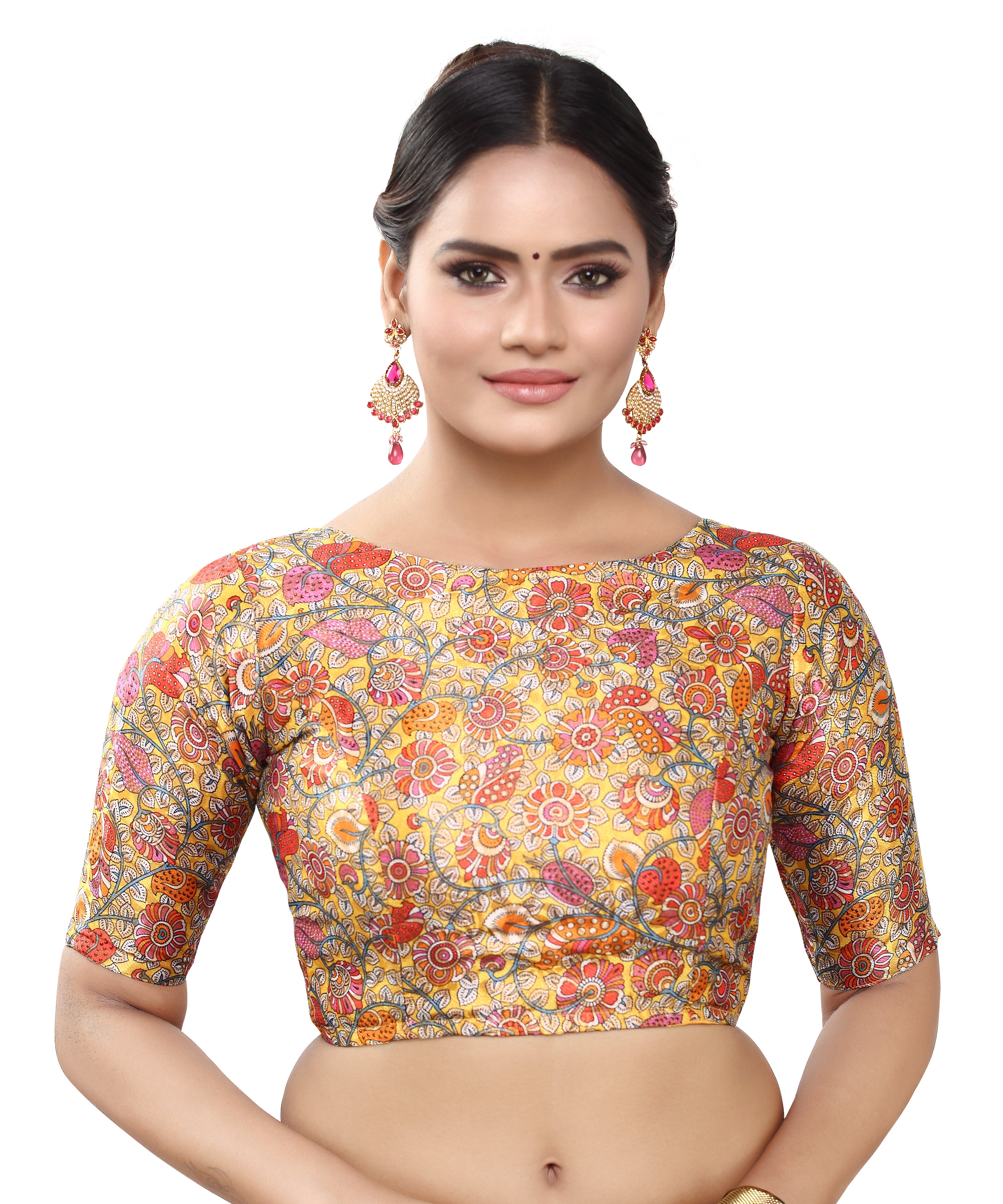 Women's Polyester Brocade Digital Print Elbow Length Sleeves Readymade Saree Blouse - Madhu Fashion