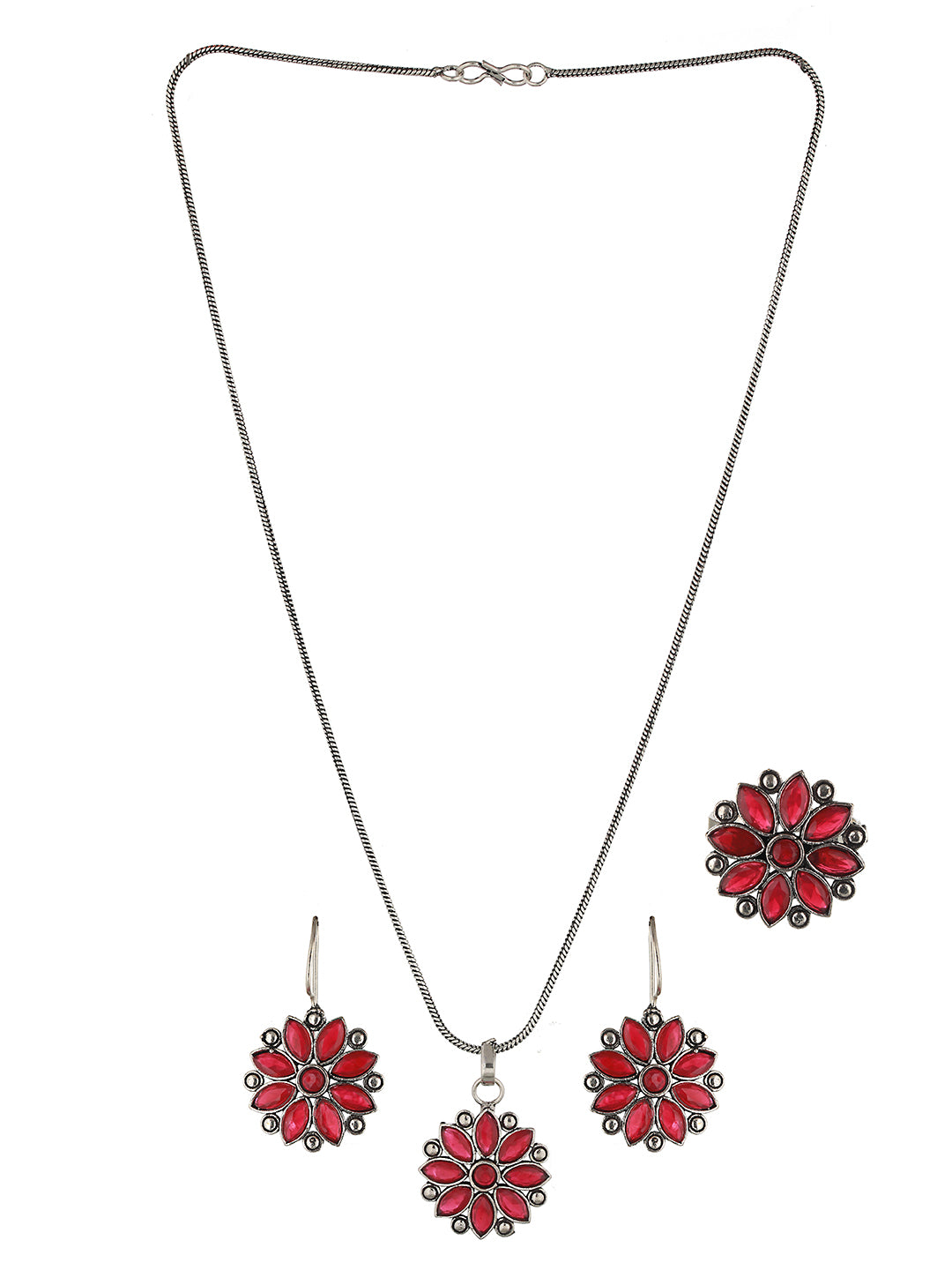 Women's Silver Oxidised Studded Statement Earrings Locket Jewellery Set - Saraf Rs Jewellery