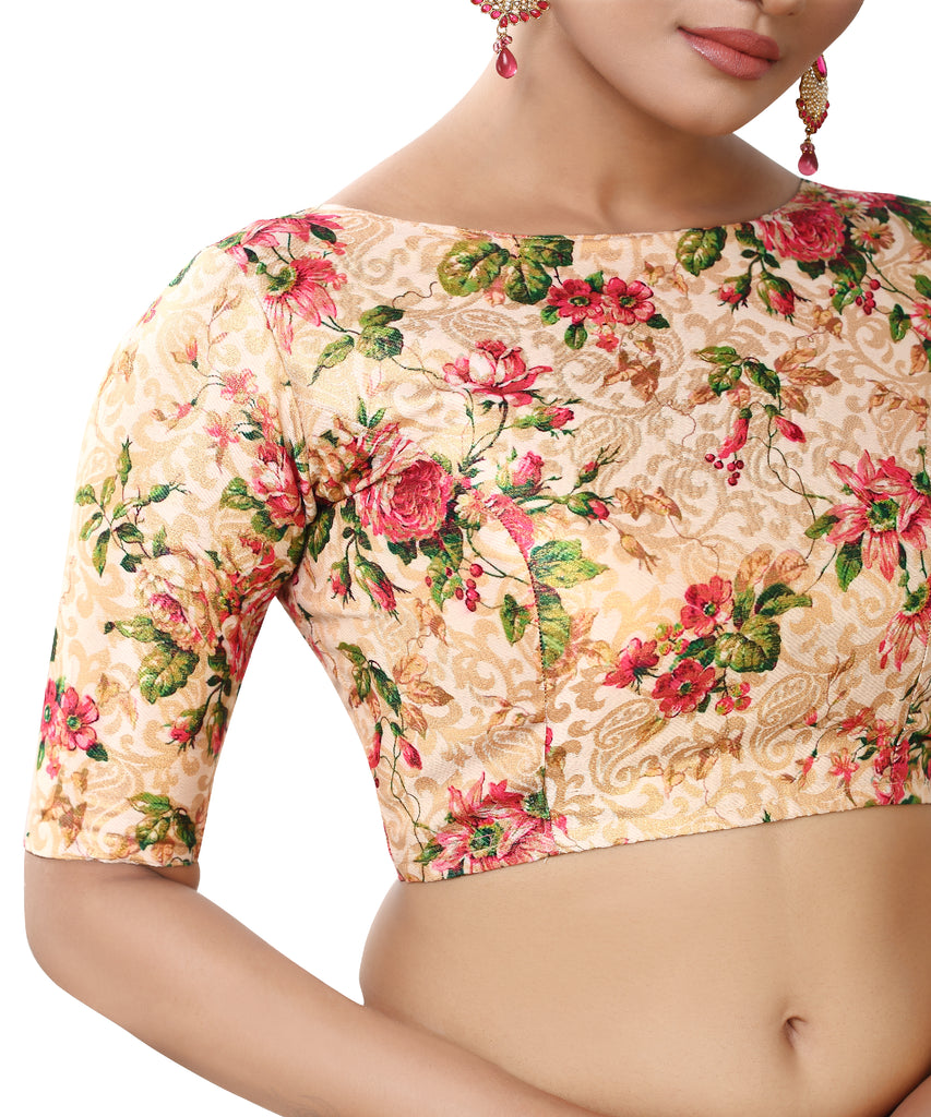 Women's Polyester Brocade Digital Print Elbow Length Sleeves Readymade Saree Blouse