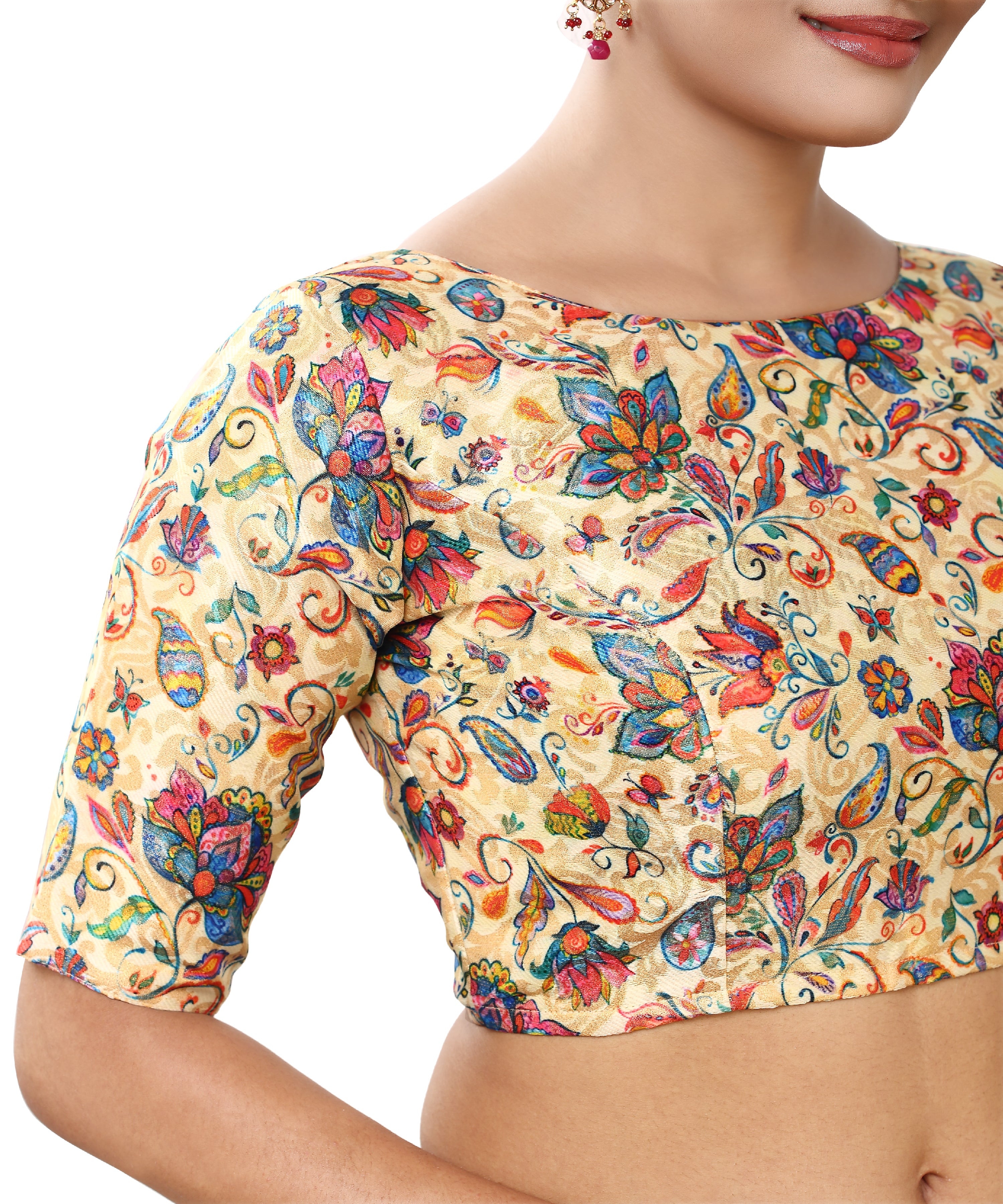 Women's Polyester Brocade Digital Floral Print Elbow Length Sleeves Readymade Saree Blouse - Madhu Fashion