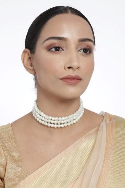 Women's Gold Plated White Handcrafted 3 Layer Light Weight Pearl Choker Necklace Set - i jewels