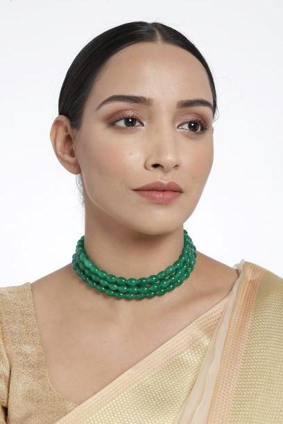 Women's Gold Plated Green Handcrafted 3 Layer Light Weighted Emerald Pearl Choker Necklace Set - i jewels