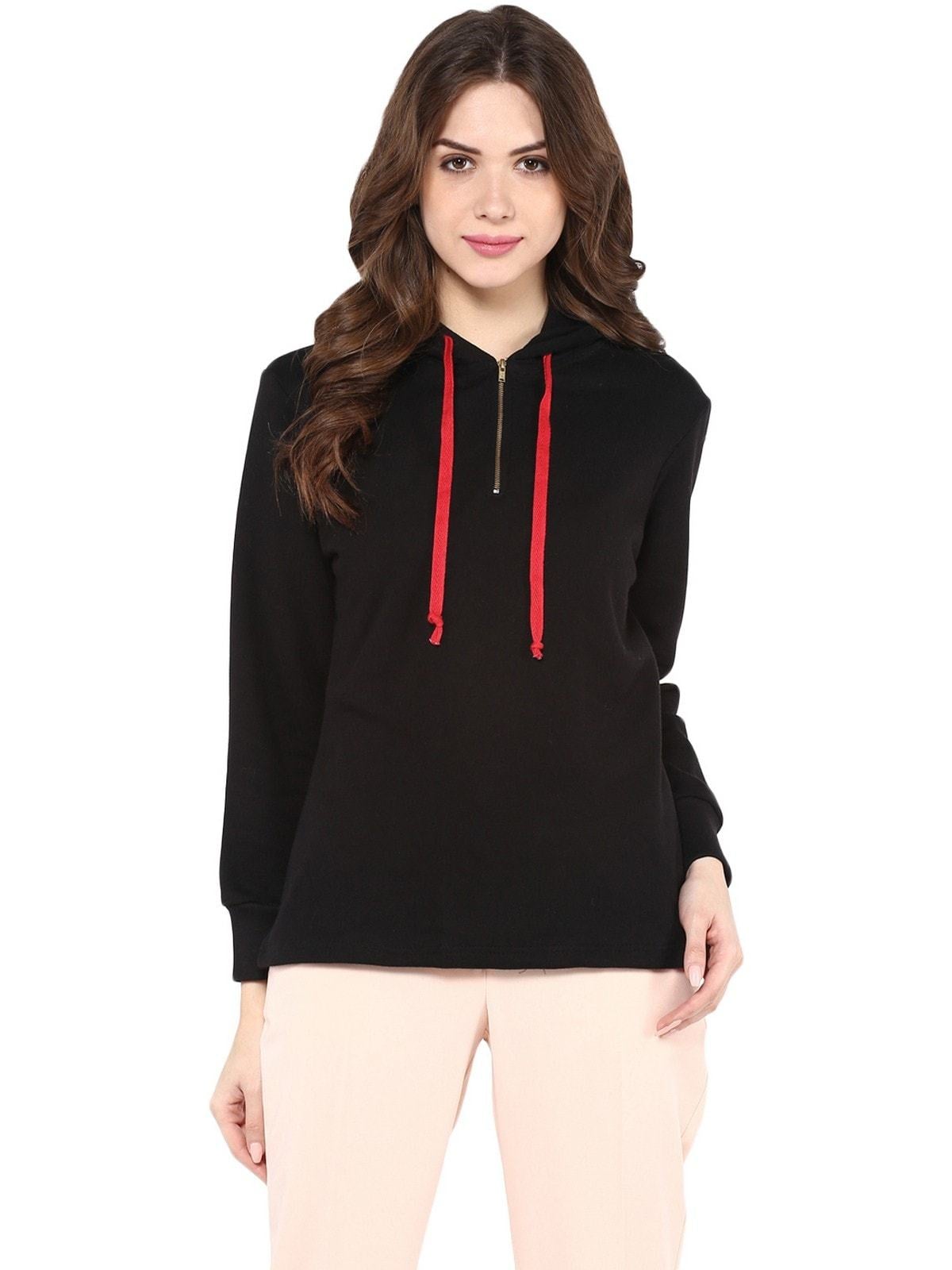 Women's Solid Hooded Sweatshirts With Zipper - Pannkh