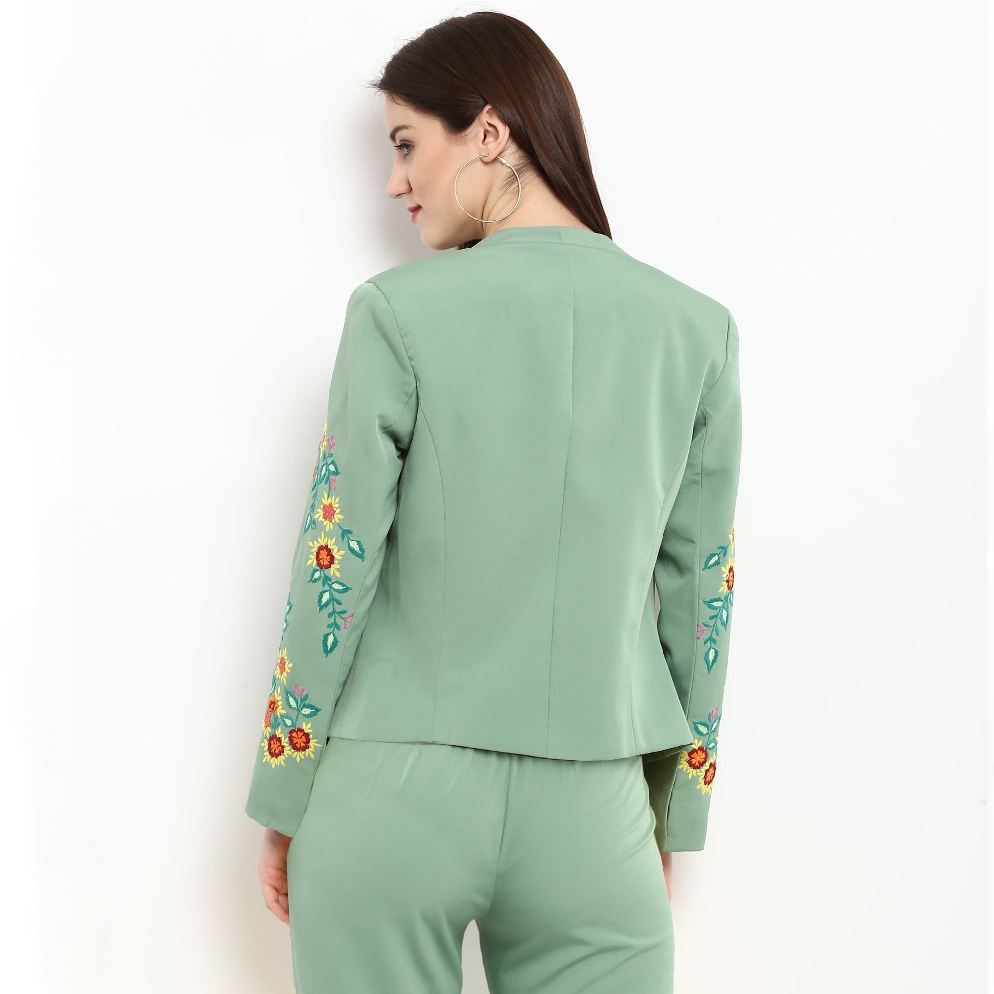 Women's Pastel Green Embroidered Blazer - Pannkh