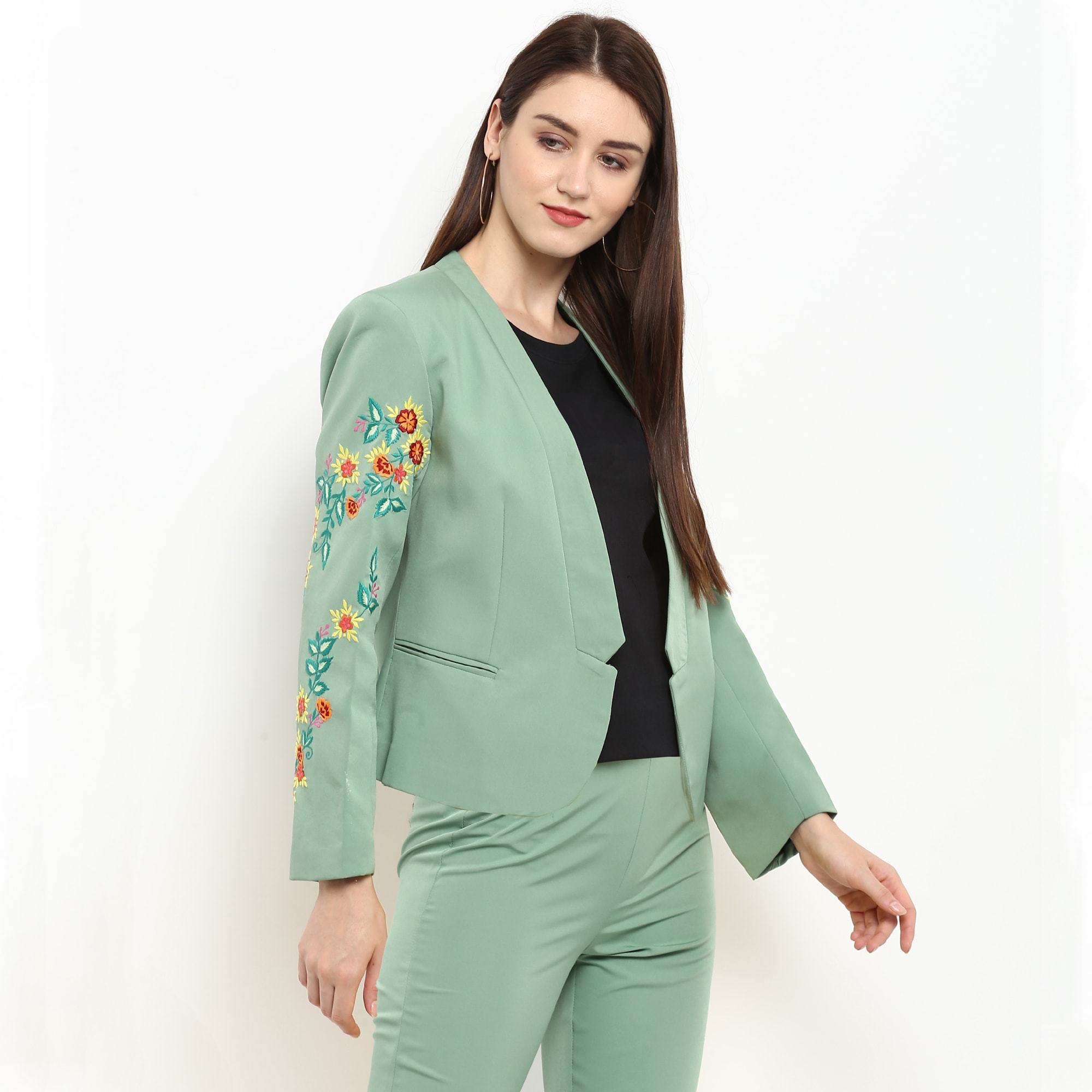 Women's Pastel Green Embroidered Blazer - Pannkh