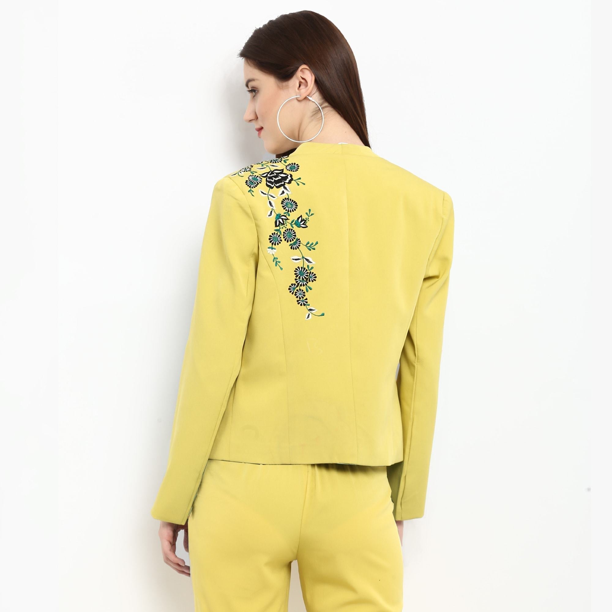 Women's Pastel Yellow Embroidered Blazer - Pannkh