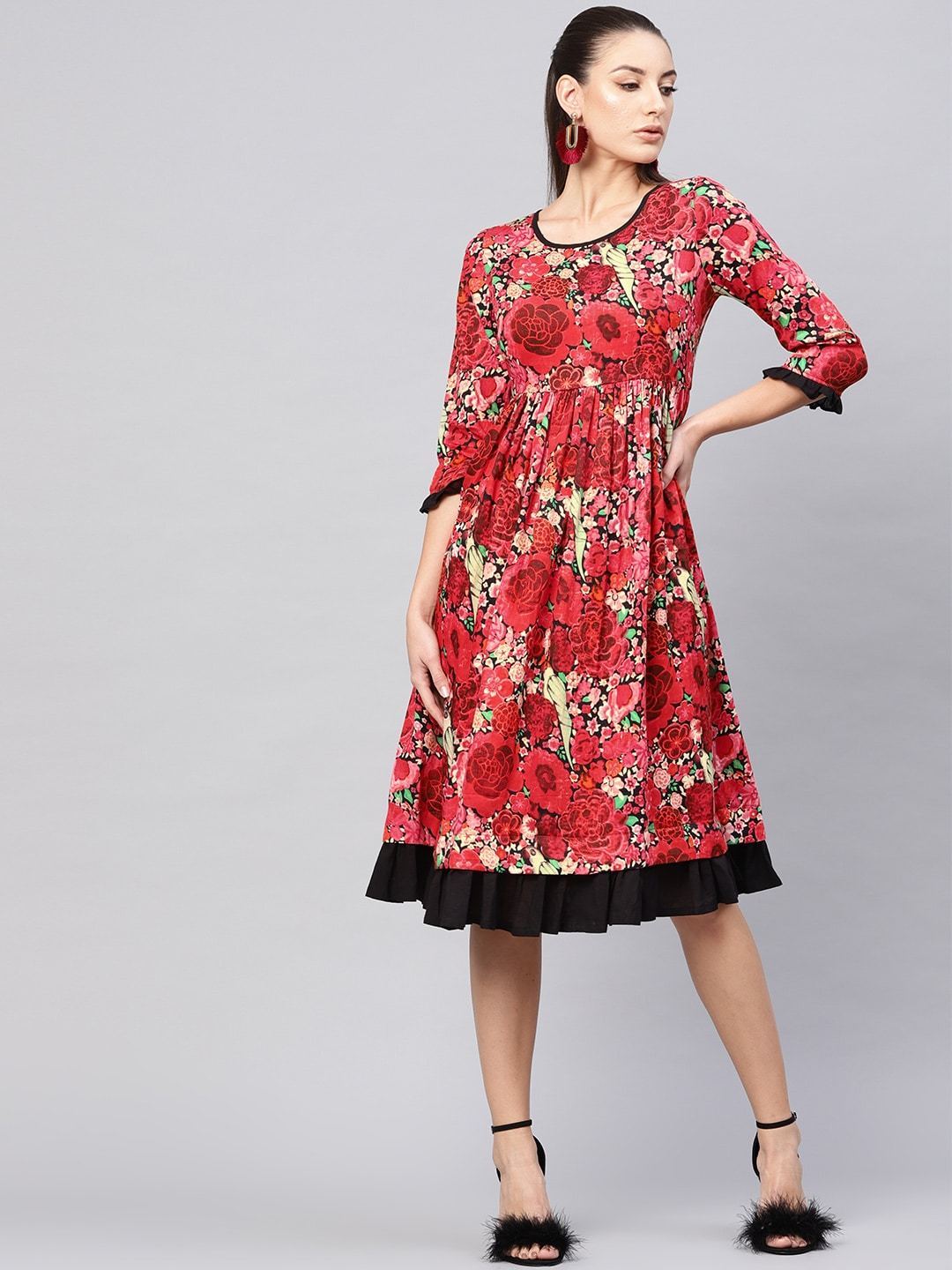 Women's  Red & Black Floral Print Midi A-Line Dress - AKS