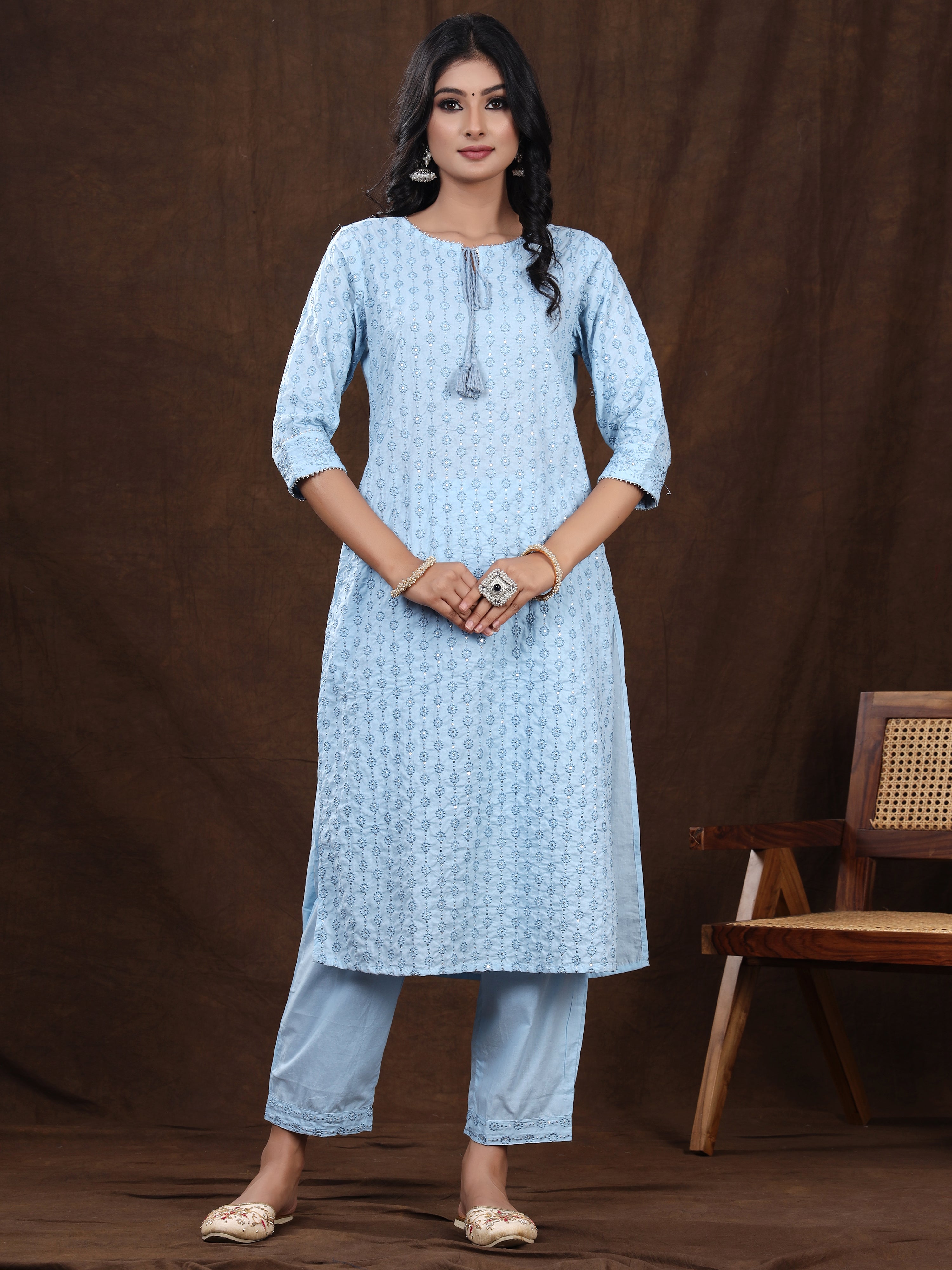 Women's Embroidered Cotton Cambric Straight Kurta Pant Set (Blue) - Vasvi
