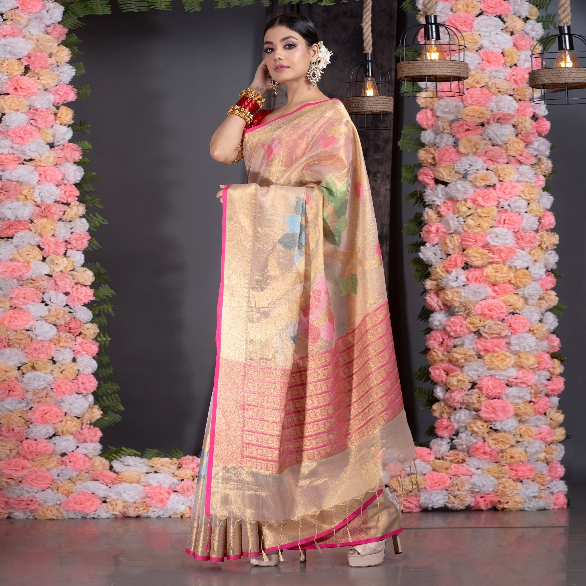 Women's Beige Upwan Zari Silk Organza Saree With Floral Motifs And Zari Border - Boveee