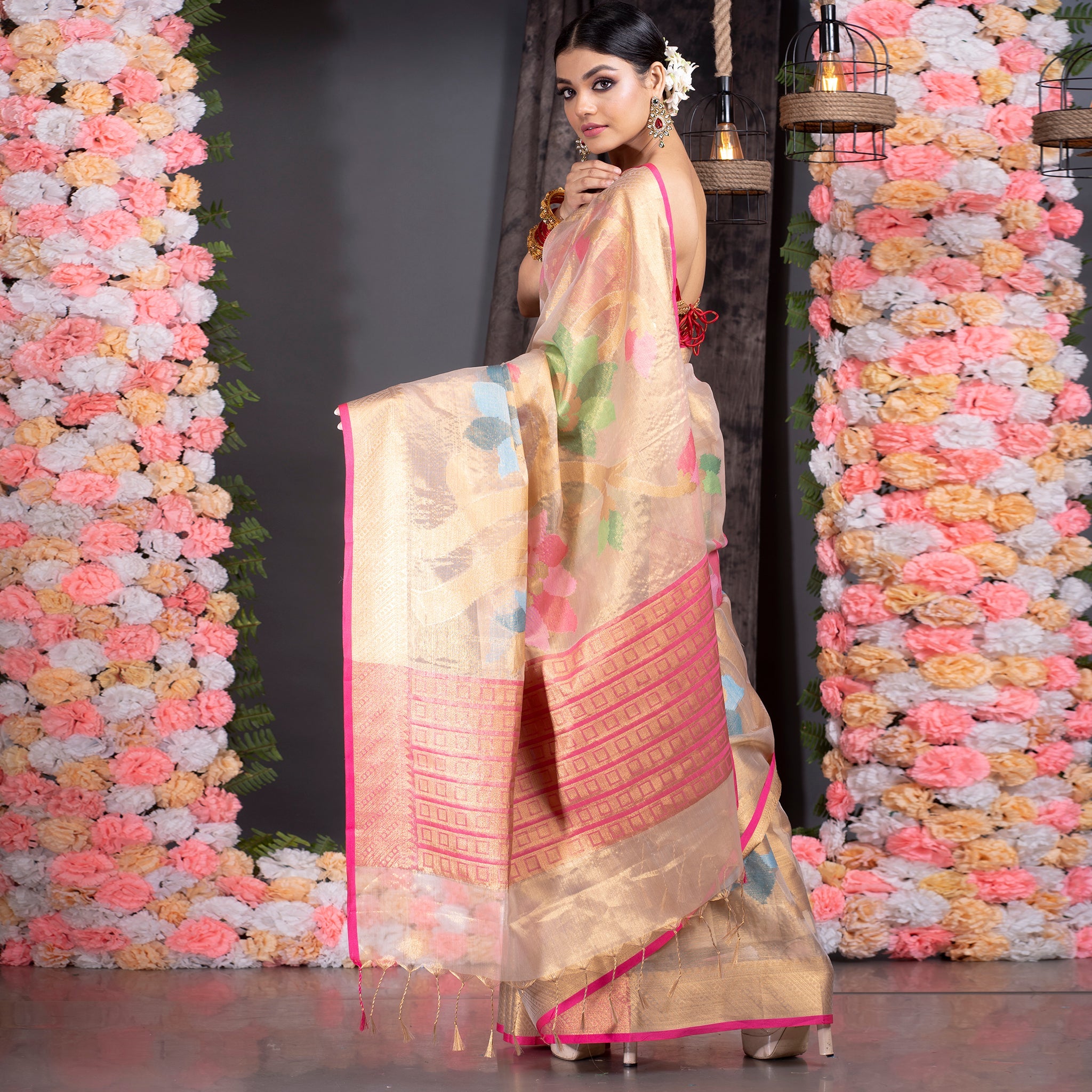 Women's Beige Upwan Zari Silk Organza Saree With Floral Motifs And Zari Border - Boveee