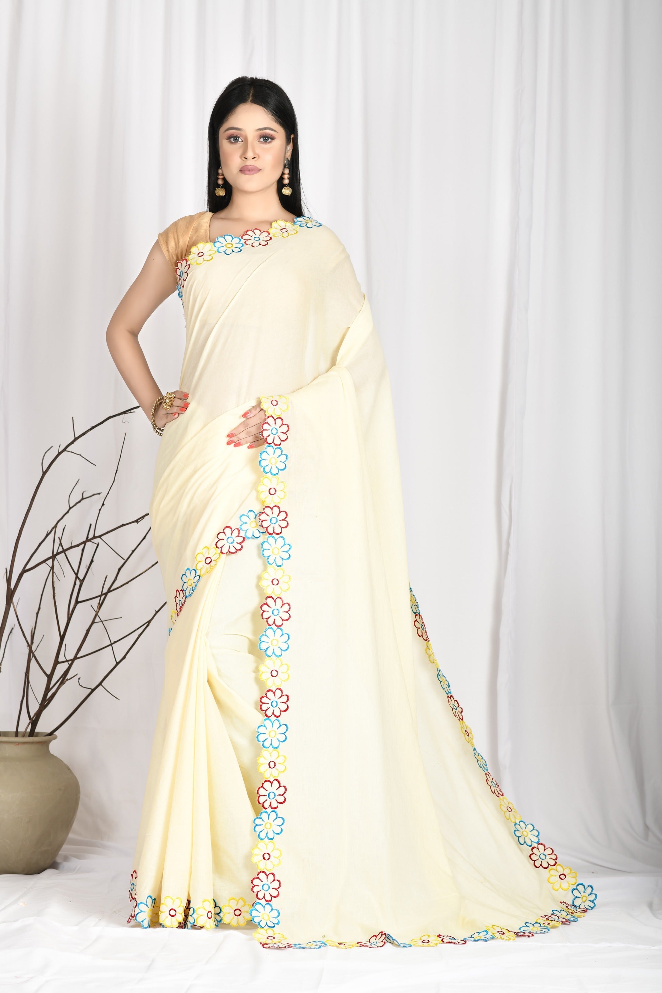 Women's Hand Embroidered Cotton Mul Mul Beige Color Saree With Blouse - Saras The Label