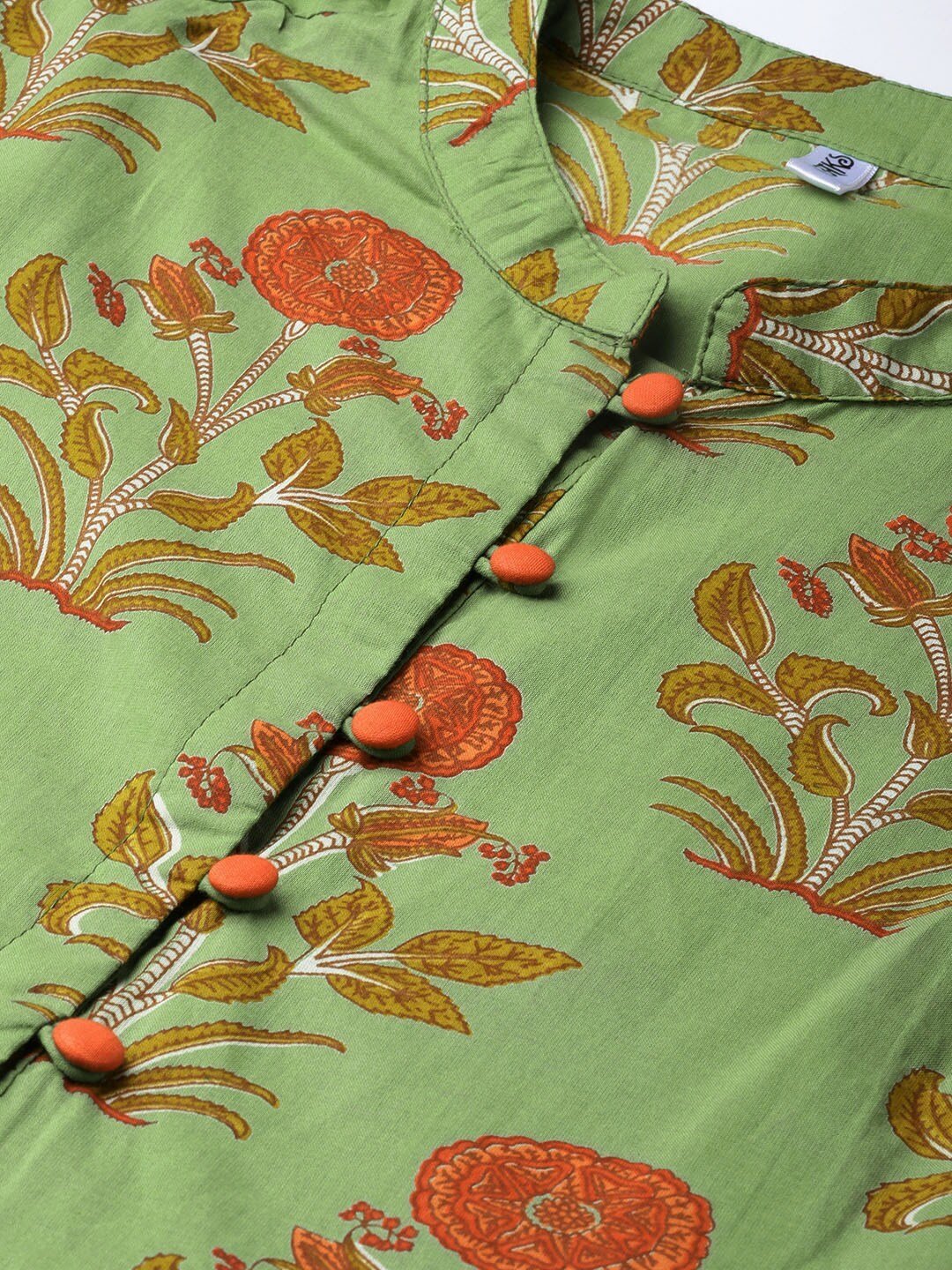 Women's  Green & Orange Printed High-Slit A-Line Kurta - AKS