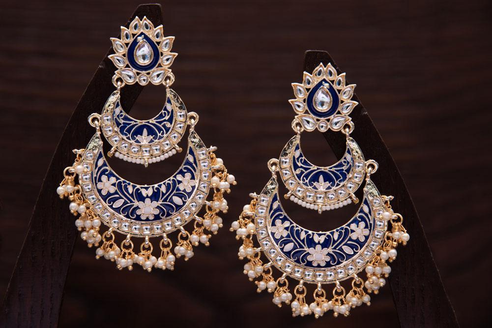 Women's Blue Gold Plated Meenakari Earrings Glided With Kundans & Pearls  - i jewels