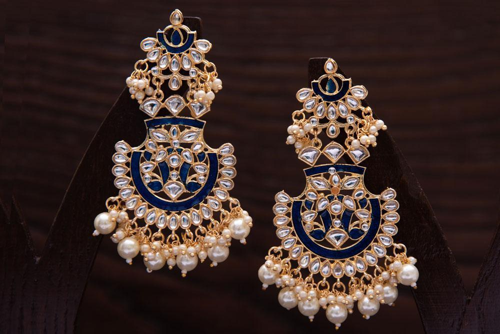 Women's  Gold Plated Meenakari Blue Earrings Glided With Kundans & Pearls  - i jewels