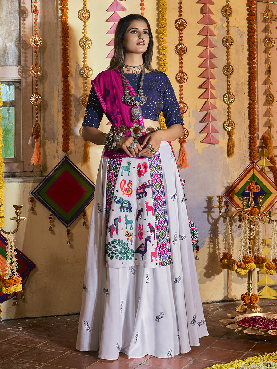 Women's White and Navy blue Maslin Cotton Embroidered Navratri Special Lehenga - Myracouture