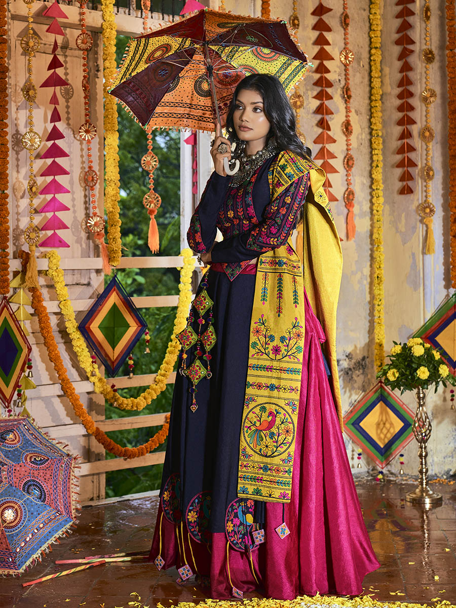 Women's Pink and Navy blue Silk Embroidered Navratri Special Lehenga - Myracouture