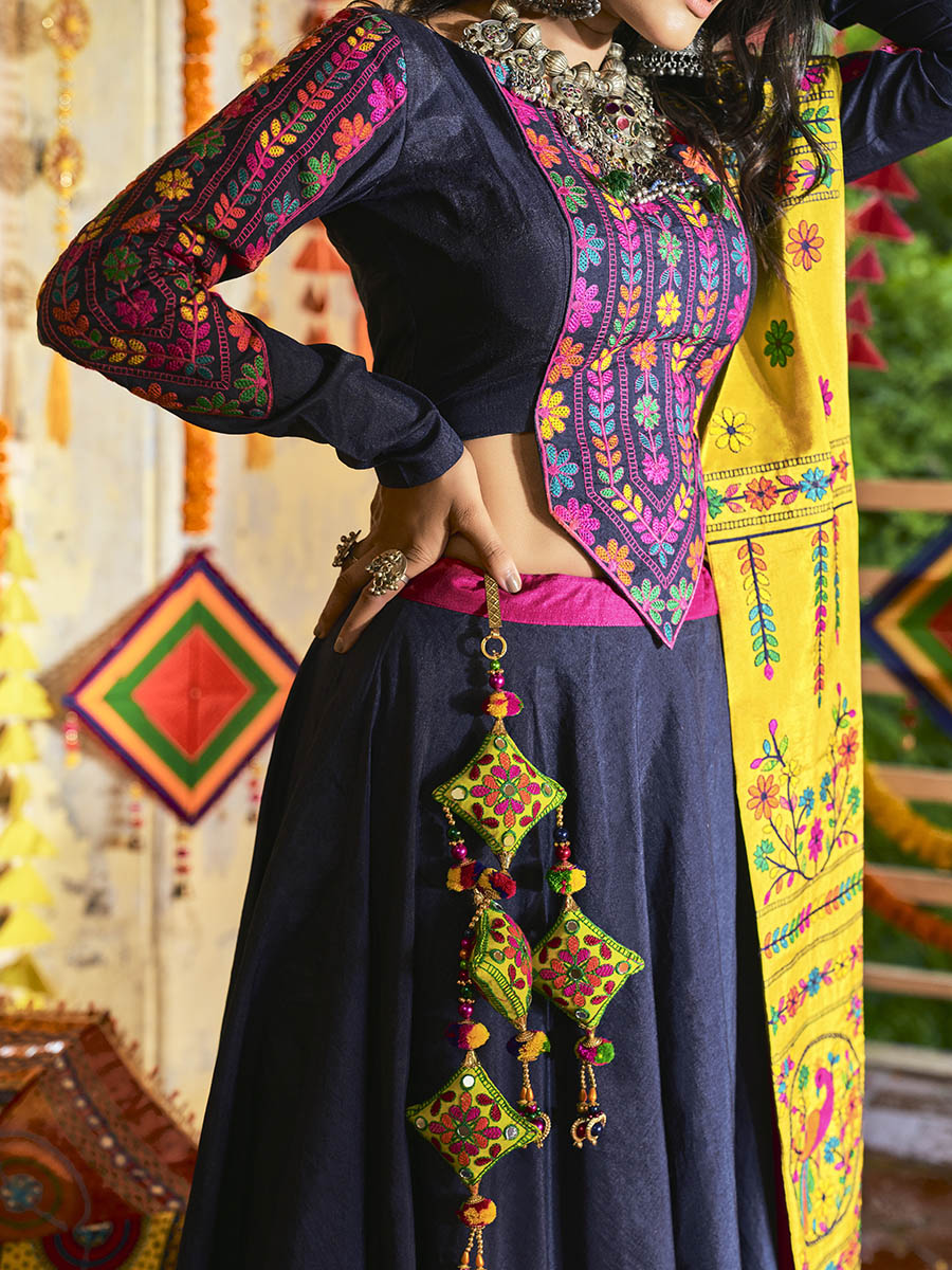 Women's Pink and Navy blue Silk Embroidered Navratri Special Lehenga - Myracouture