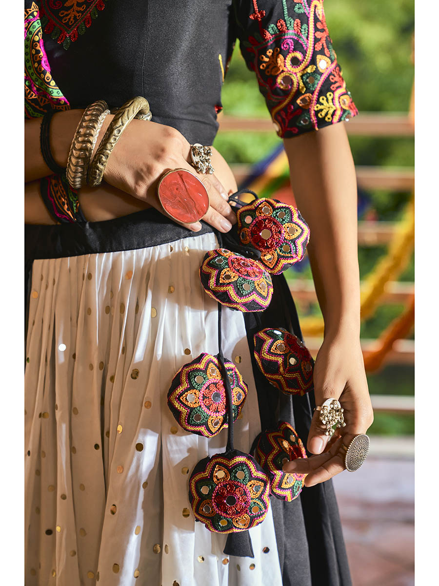 Women's Black and White Maslin Cotton Embroidered Navratri Special Lehenga - Myracouture