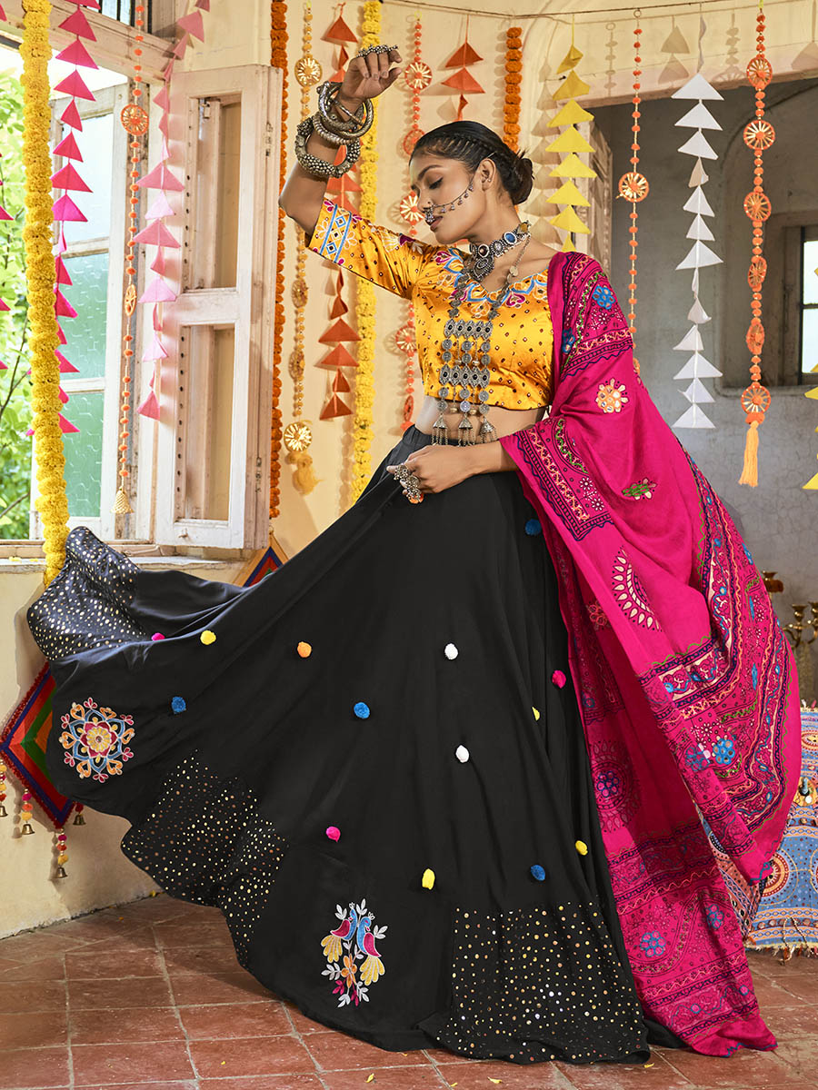 Women's Black and Mustard Yellow Maslin Cotton Embroidered Navratri Special Lehenga - Myracouture