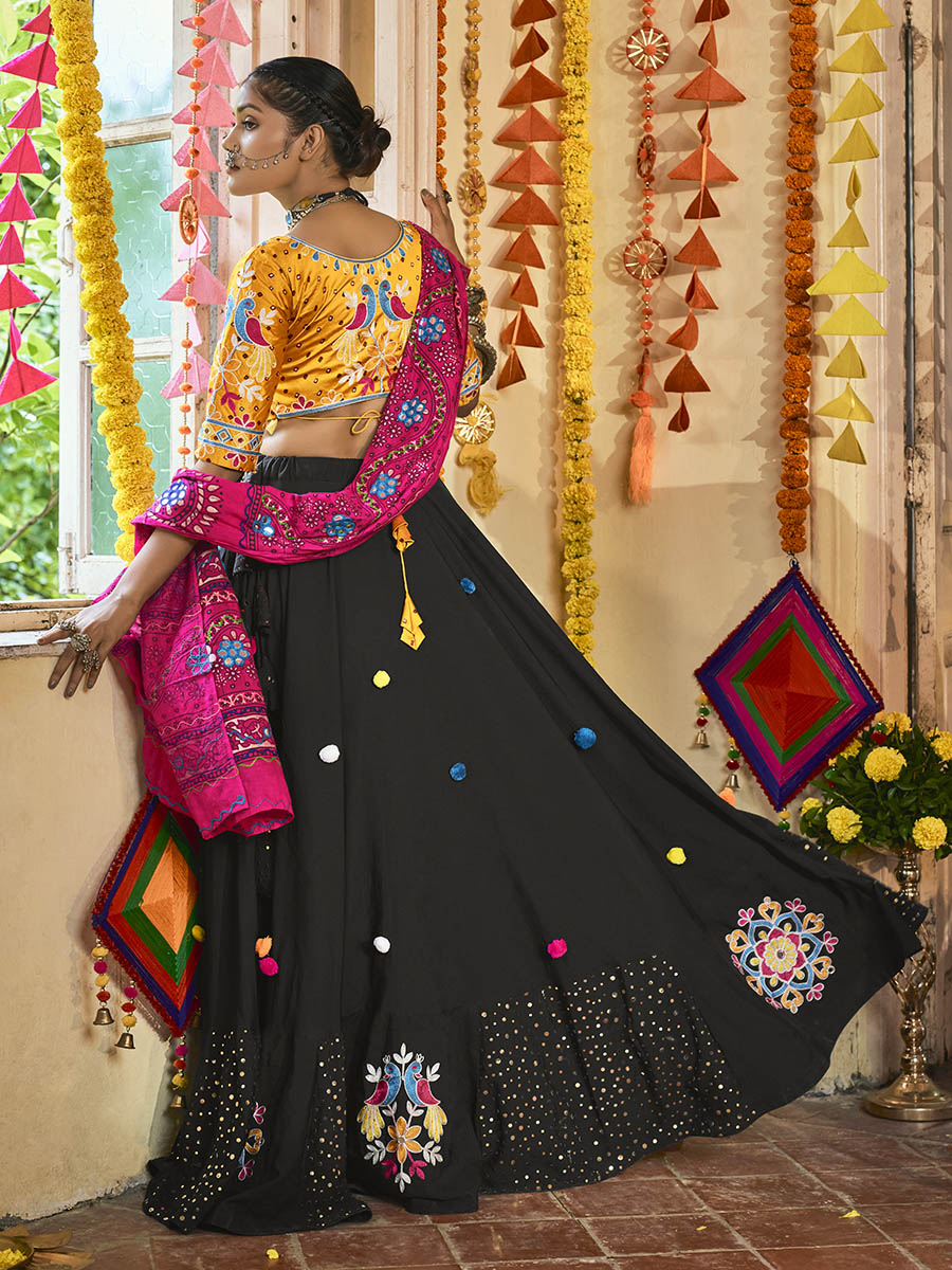 Women's Black and Mustard Yellow Maslin Cotton Embroidered Navratri Special Lehenga - Myracouture