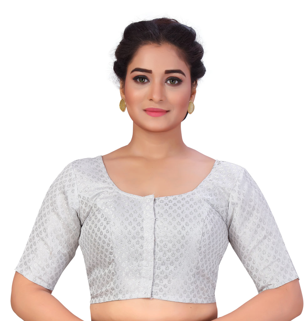 Women's Grey Silver Brocade Blouse by Shringaa