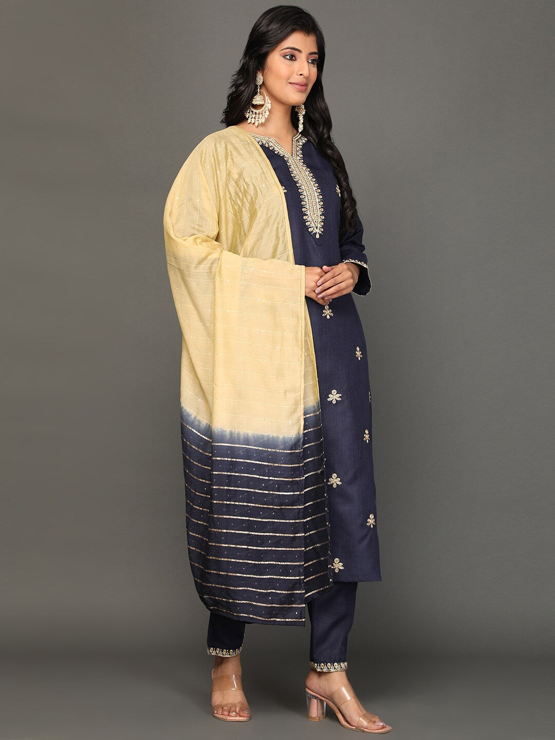 Women's Ethnic Motifs Zari Embroidered Sequinned Kurta With Trousers & Dupatta - Noz2Toz