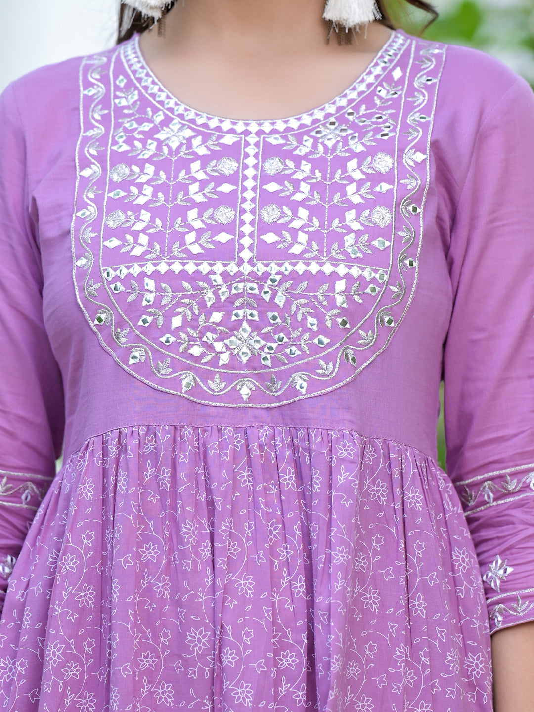 Women's Lavender Embroidery Cotton Pleated Dress - Yufta