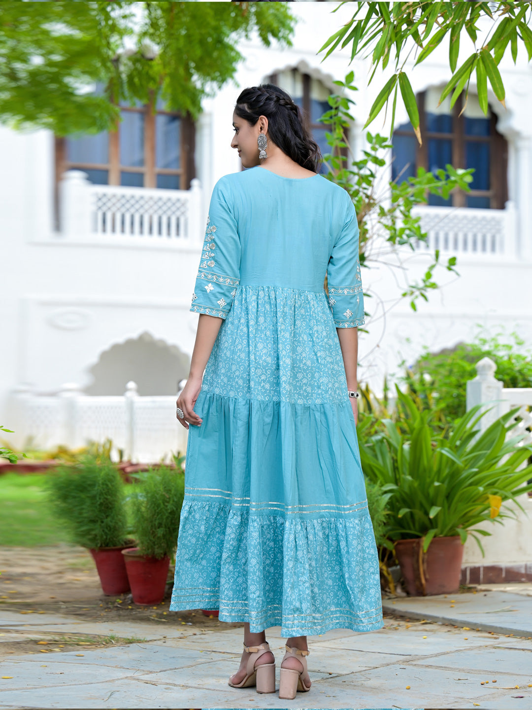 Women's Sage Blue Embroidery Cotton Pleated Dress - Yufta