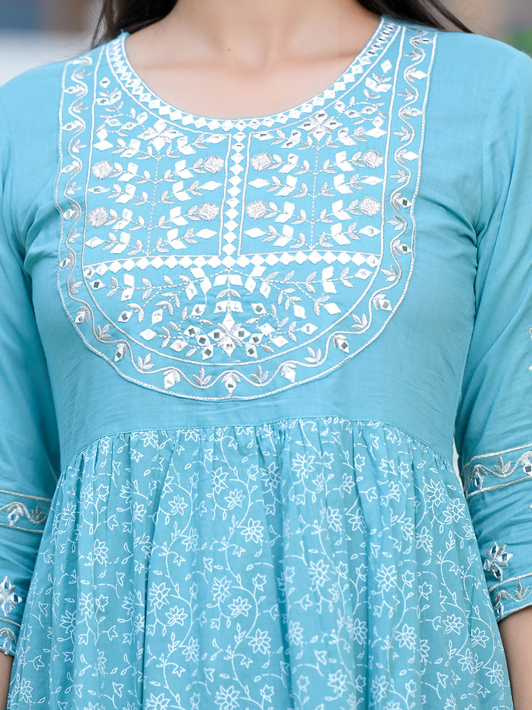 Women's Sage Blue Embroidery Cotton Pleated Dress - Yufta