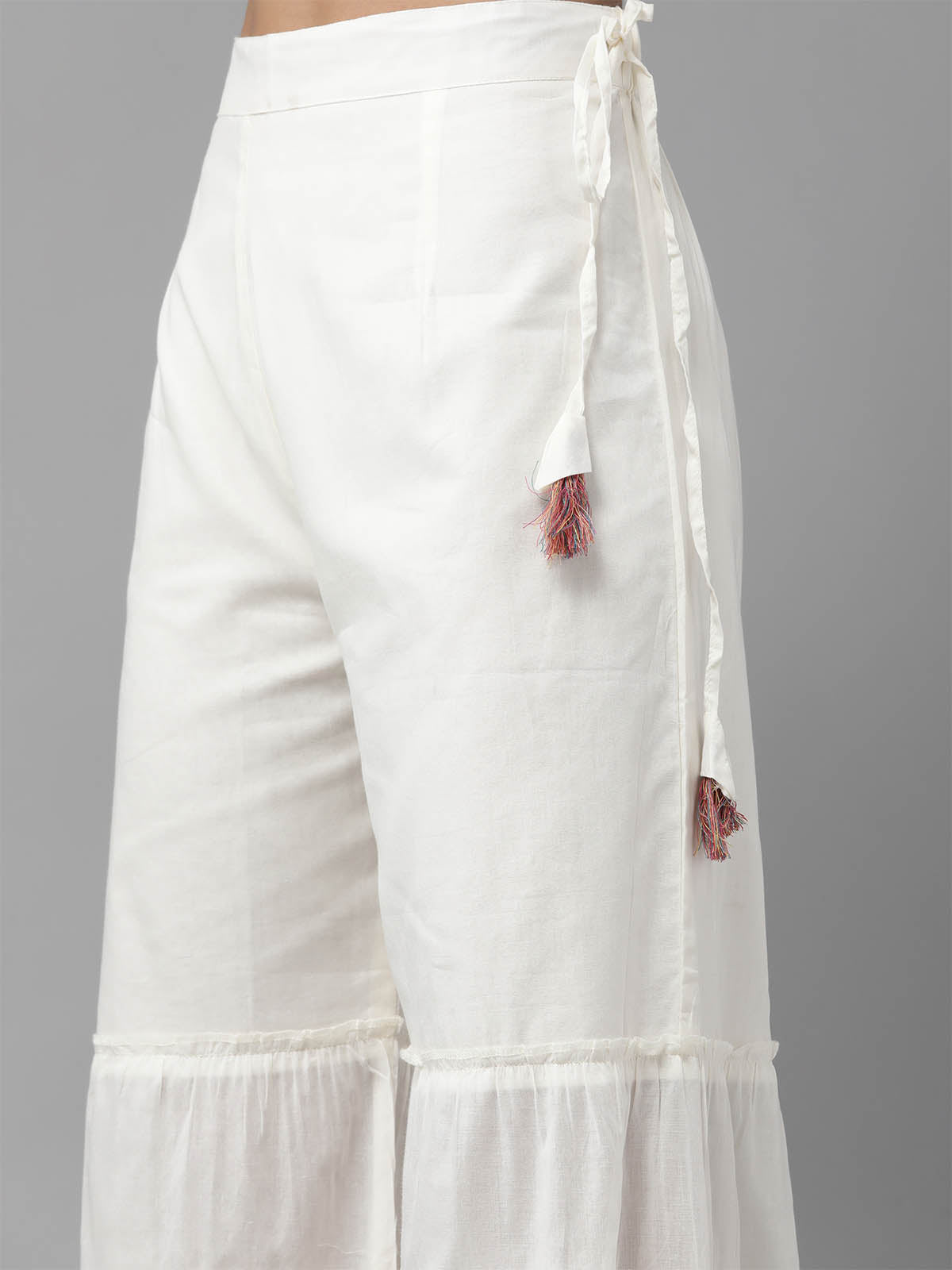 Women's White Solid Straight Kurta With Schiffli Trouser Set - Odette