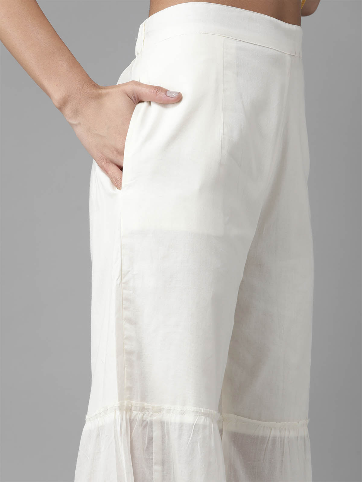 Women's White Solid Straight Kurta With Schiffli Trouser Set - Odette