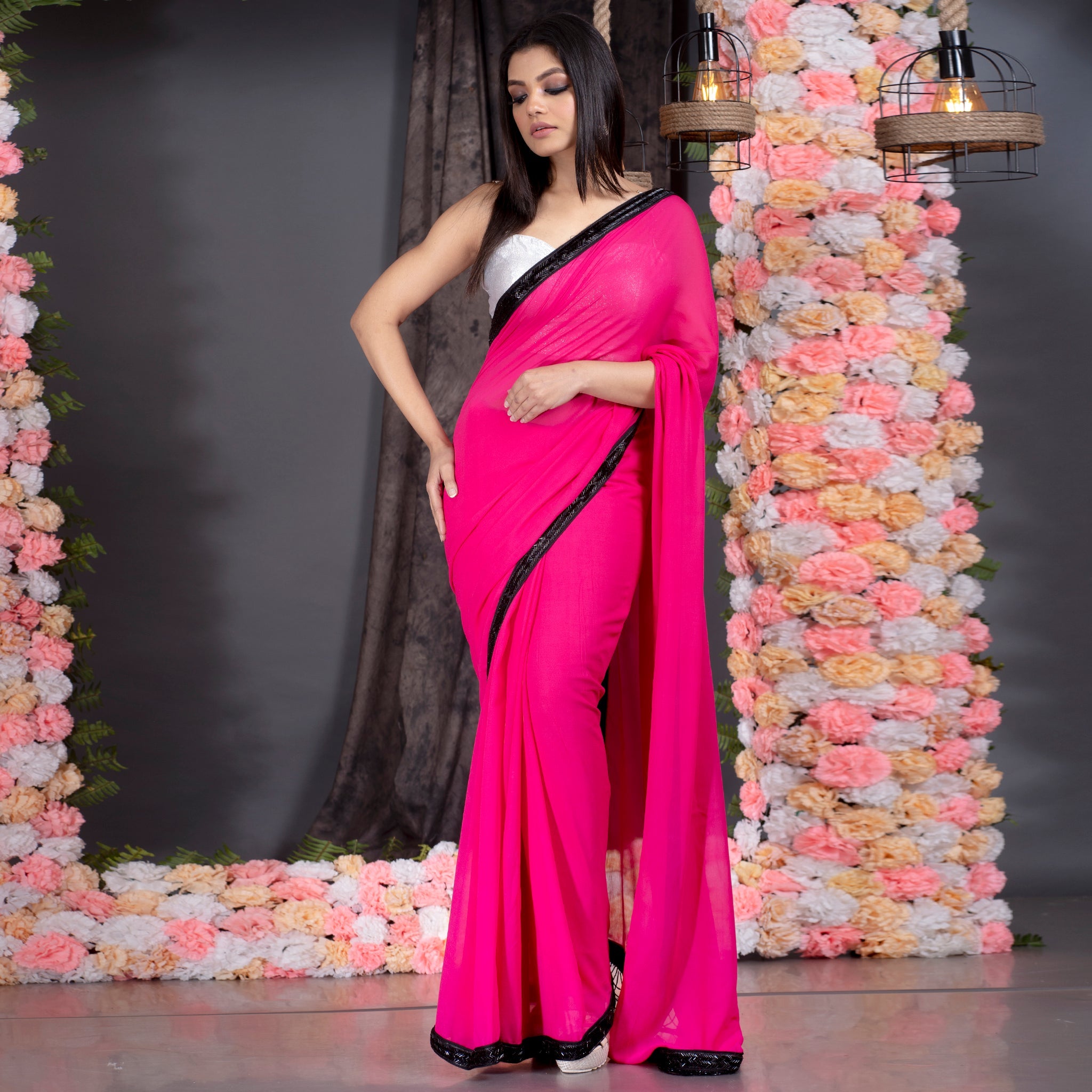 Women's Hot Pink Pure Georgette Hand Embroidered Black Lace With Fringes On Pallu - Boveee