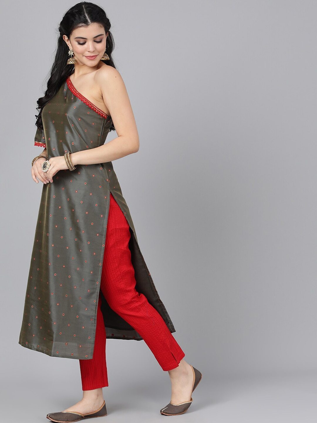 Women's  Olive Brown & Red Woven Design One Shoulder Straight Kurta - AKS