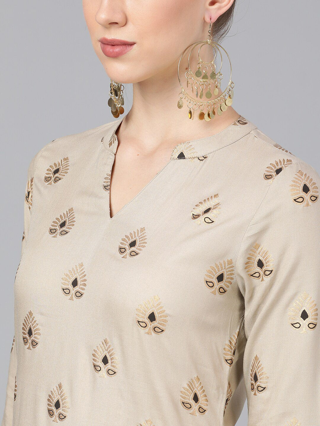 Women's  Nude-Coloured & Brown Foil Printed Kurta with Palazzos - AKS