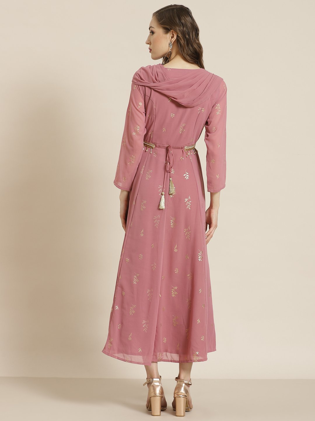 Women's Rosegold Georgette Printed Flared Gown - Juniper