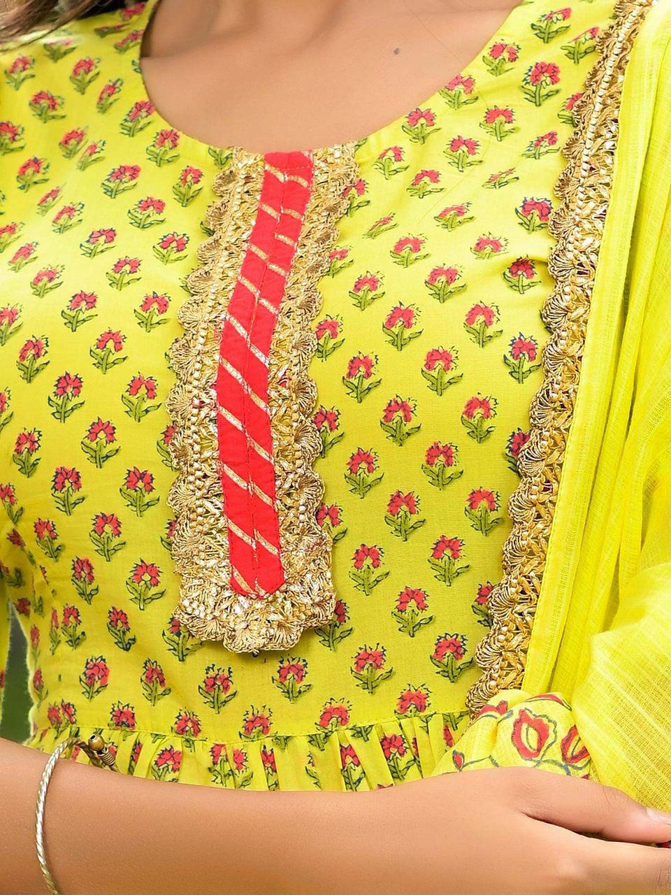Women's Lime Green Hand Block Sharara Suit Set - Hatheli