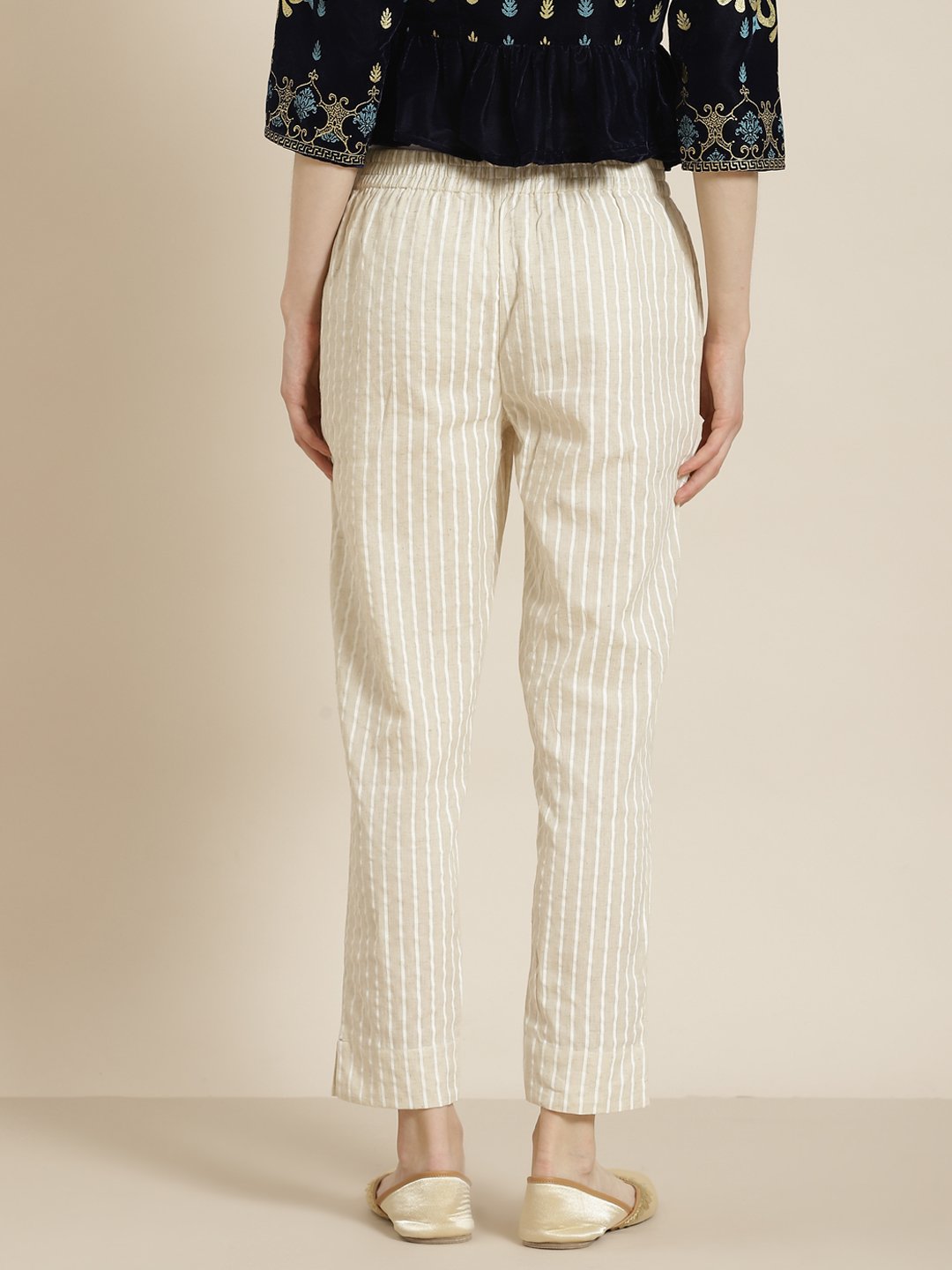 Women's Natural Cotton Striped Trousers with Hair-band - Juniper