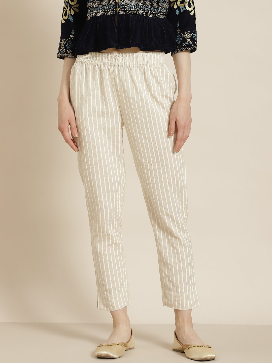 Women's Natural Cotton Striped Trousers with Hair-band - Juniper