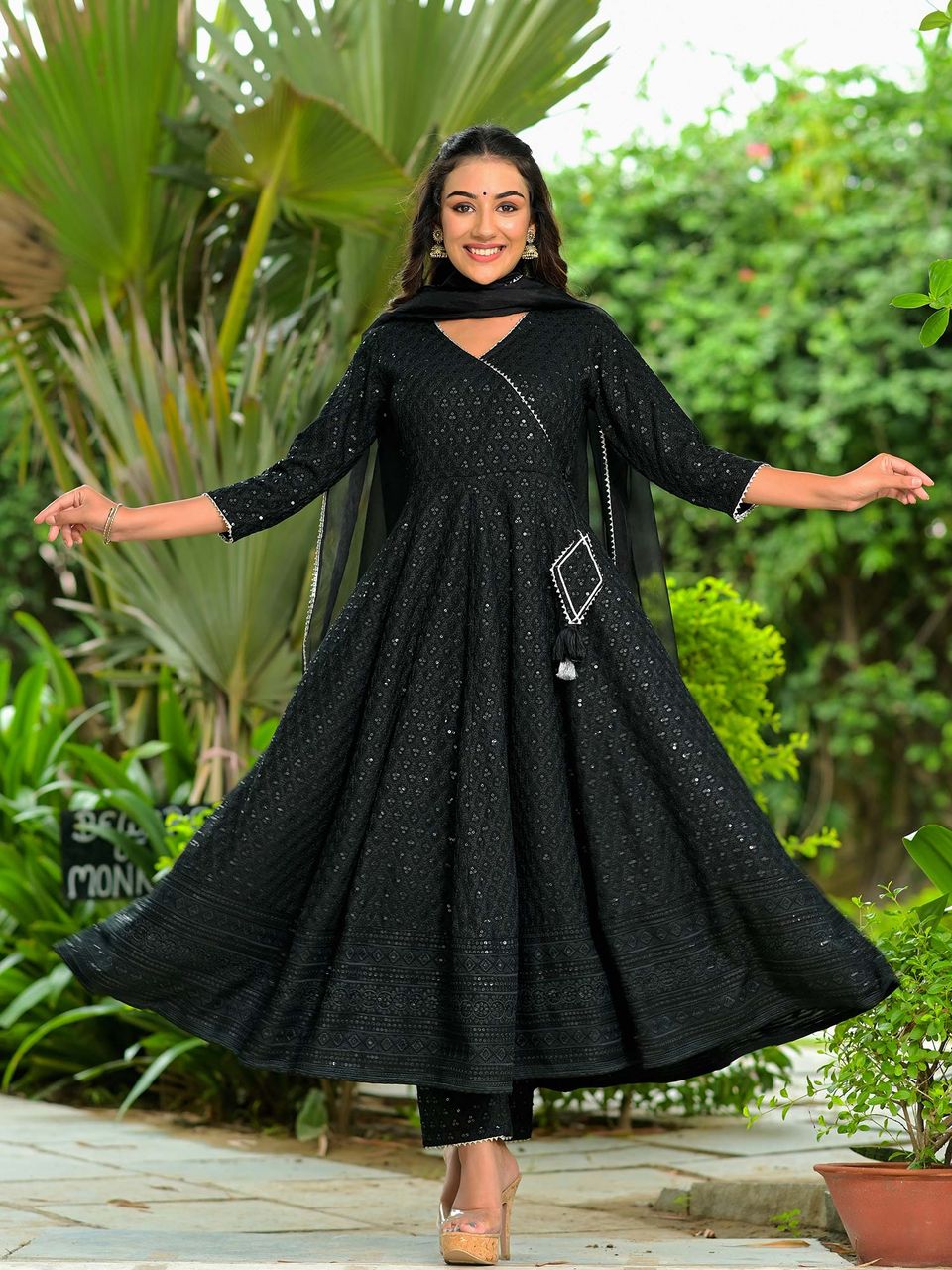 Women's Bold & Beautiful Black Anarkali Suit Set - Hatheli