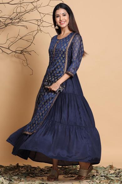Navy Chanderi Silk Printed Layered Kurta Dress With Purse & Hair-Band - Juniper